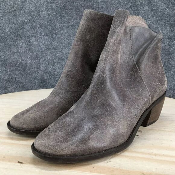 Lucky Brand Kaiya Gray Suede Zip Up Block Heel Ankle Boot 10M Leather Bootie - Picture 7 of 10